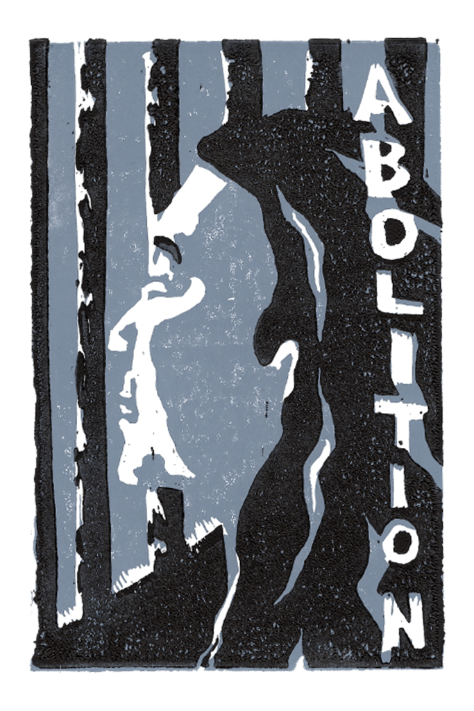 tri-color linocut print (white, black, and a blue-grey color) depicting a person with long, wavy hair looking out of a window with bars. Light is coming from between the bars, illuminating their face. The word "abolition" is displayed vertically on the right side of the image. The print is on white paper.