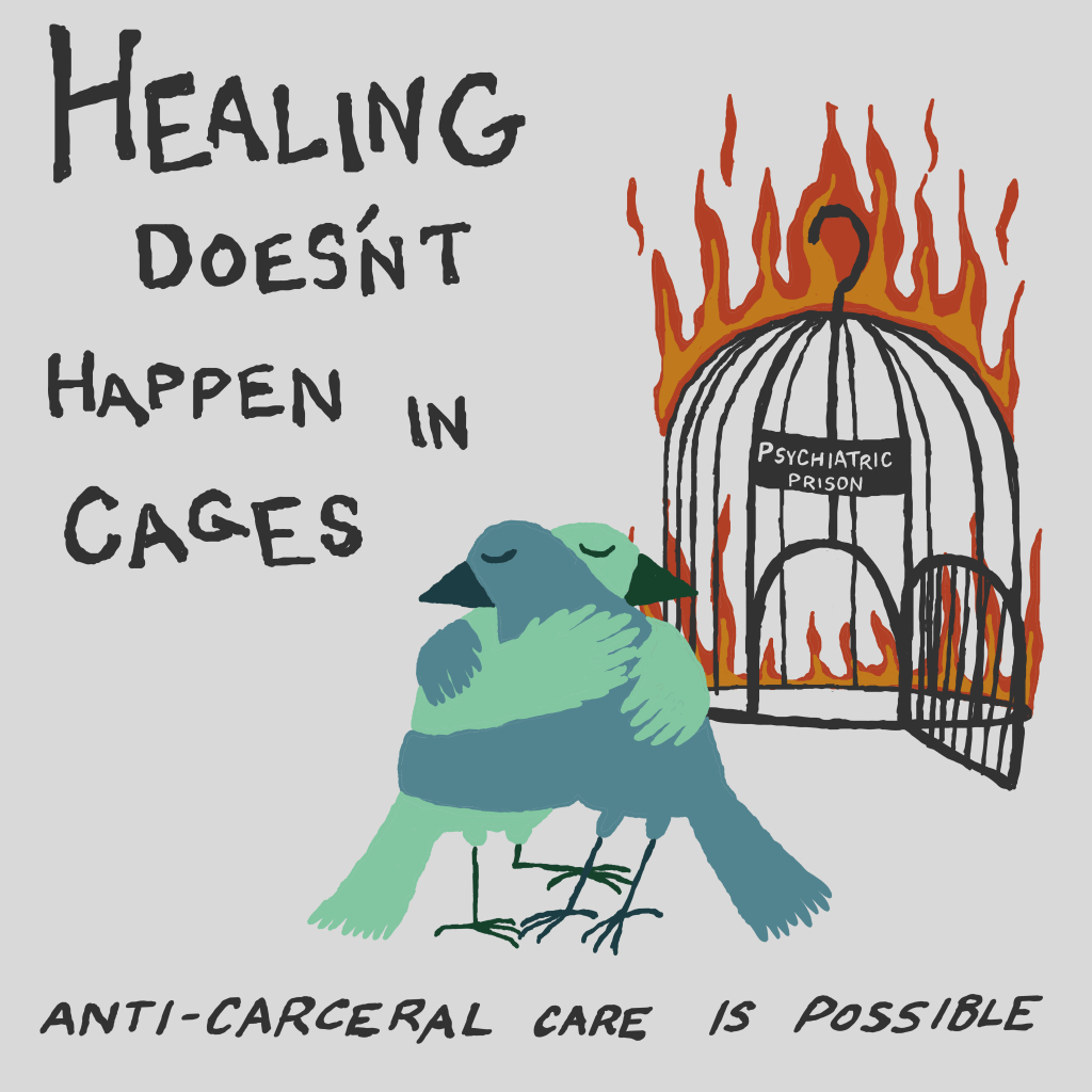 Digital art with two blue birds hugging in front of an open bird cage. The bird cage is on fire, with a label above the door saying "psychiatric prison". The text on the image says "healing doesn't happen in cages. anti-carceral care is possible"